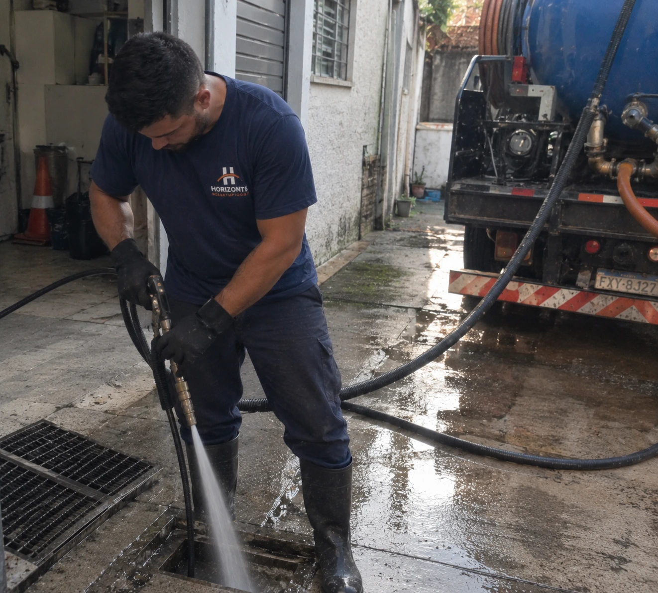 Técnico da Horizonte realizando hidrojateamento de alta pressão em tubulação externa.