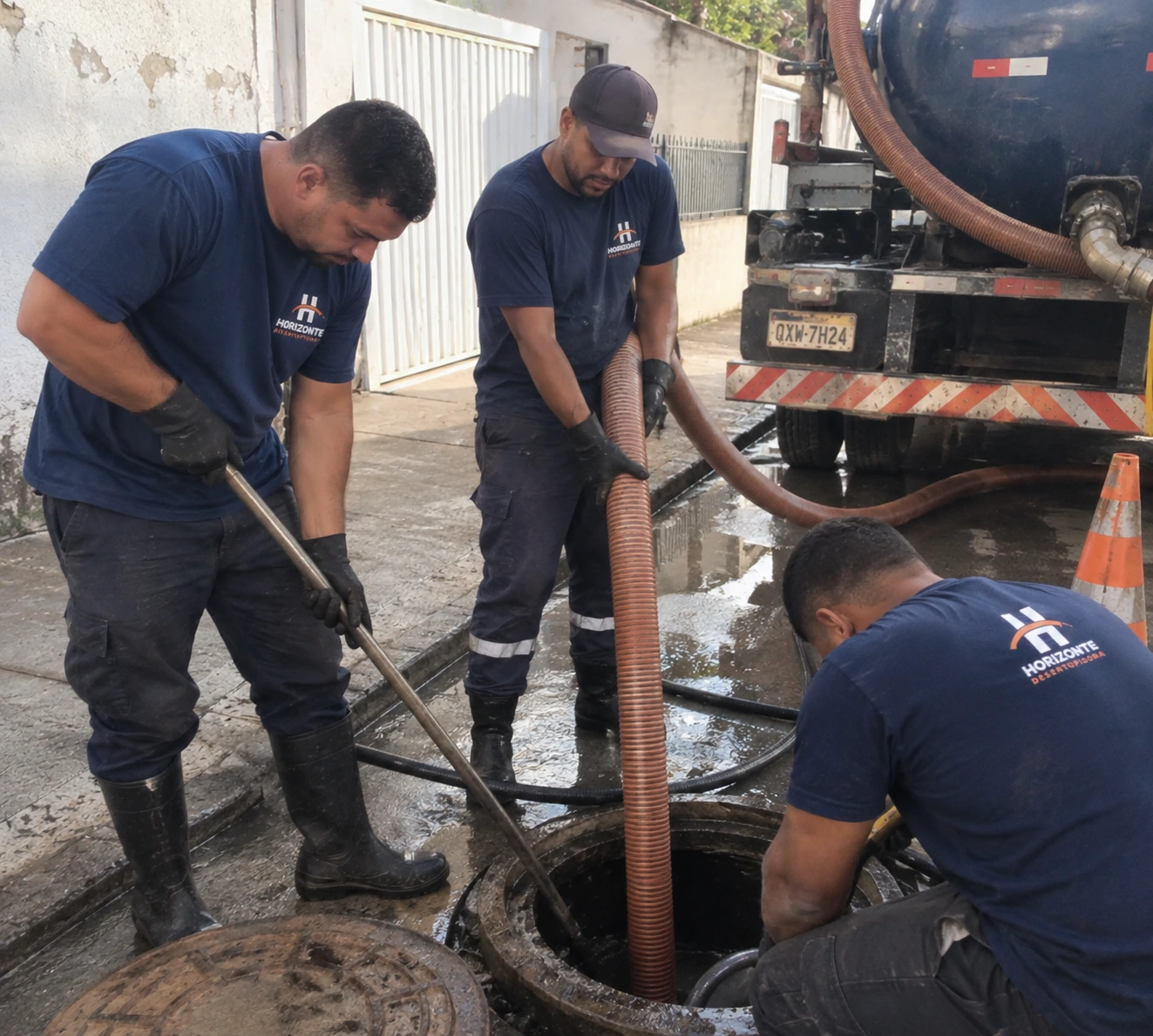 Equipe da Horizonte desentupindo uma rede de esgoto em poço de visita com caminhão a vácuo.